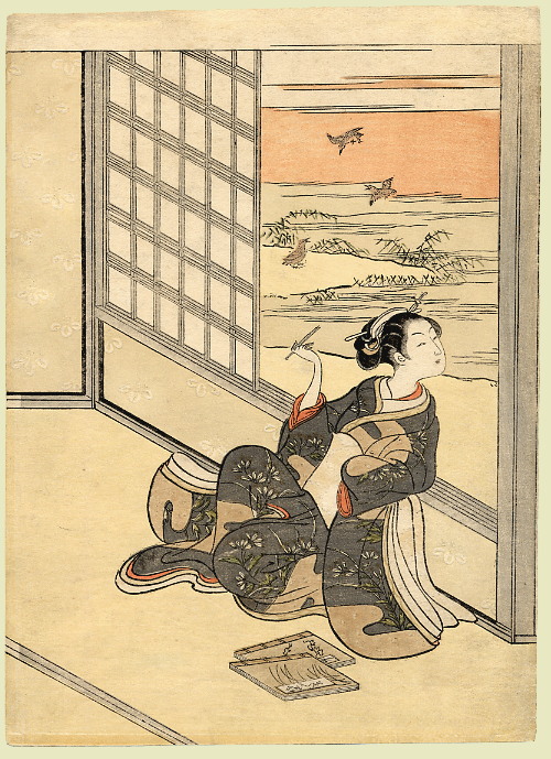 Suzuki Harunobu print of a woman beside an open shōji