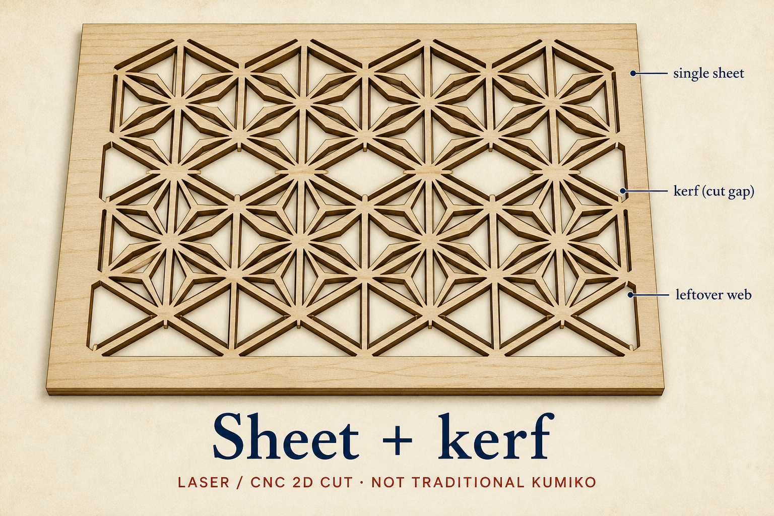 Single plywood sheet with laser kerfs leaving a leftover web — sheet-cut lattice, not traditional strip kumiko